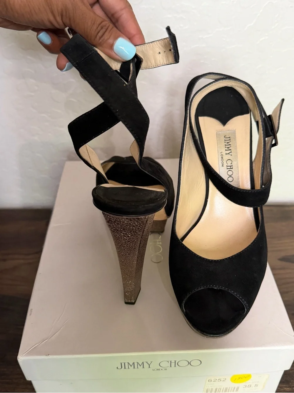 Jimmy Choo Black Suede Platform Slingback Heels with Metallic Block Heel